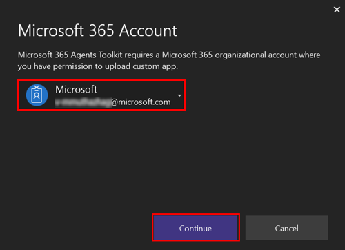 Screenshot shows Microsoft 365 Account with Continue option.